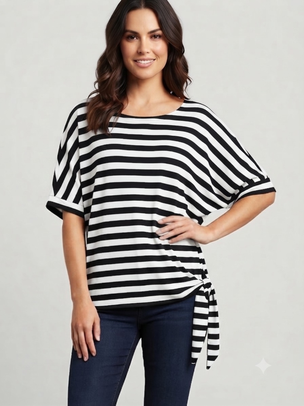 Joseph Ribkoff Black & White Striped Side-Tie Top Size 14
